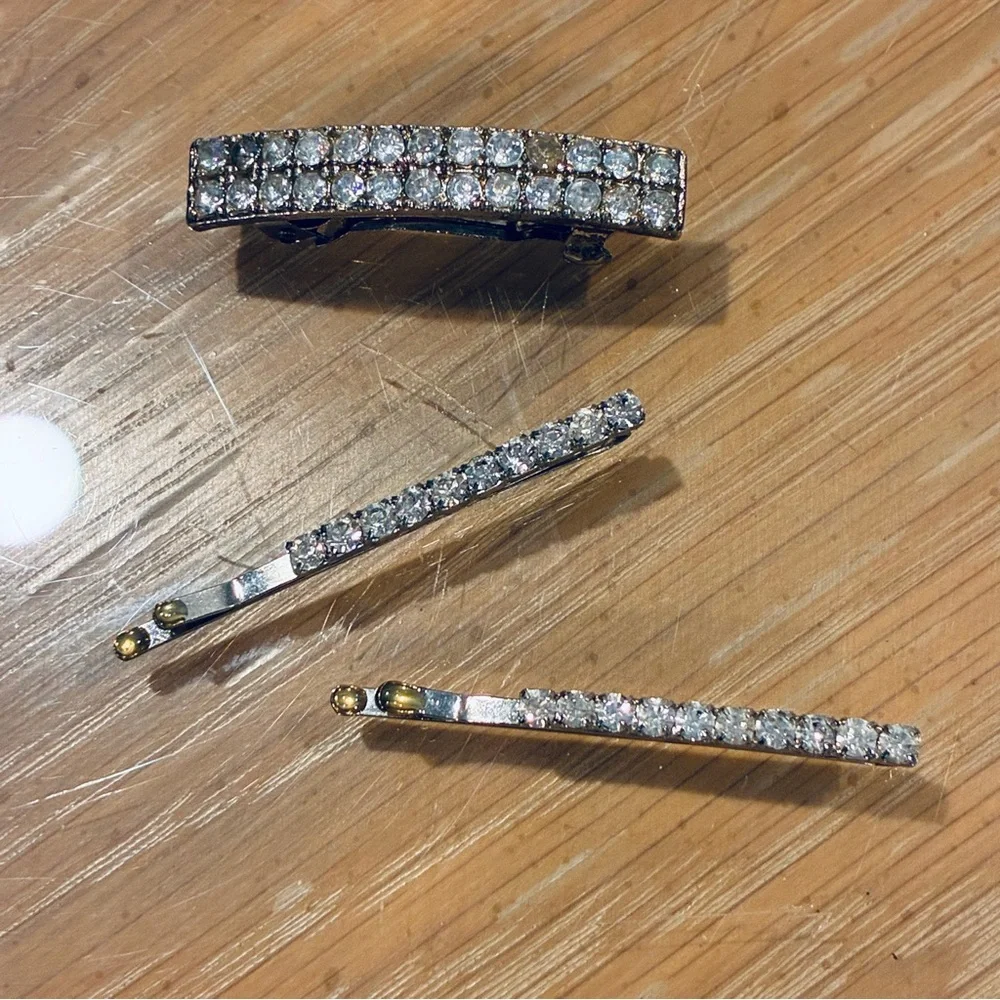 Vintage Rhinestone Hair Accessories Set: hair Barrette, 2 rhinestone hair pins